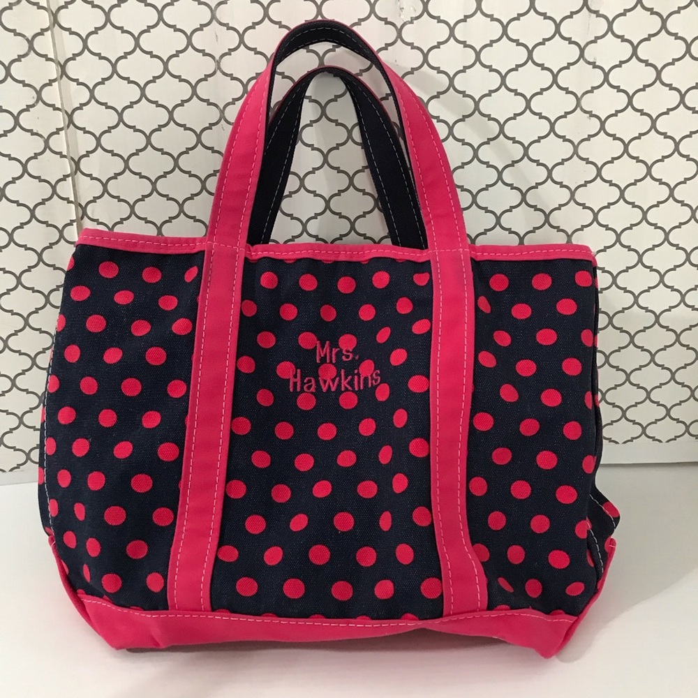 Vintage L.L.Bean Mrs. Hawkins Navy and Hot Pink Polka Dot Tote Bag